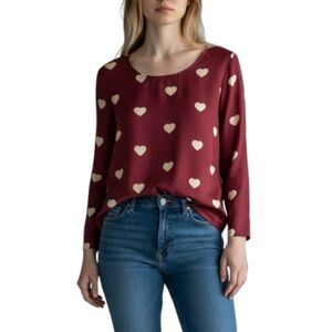 Zoe & Sam Classic Silk Novelty Heart Print Long Sleeve Blouse XS Burgundy